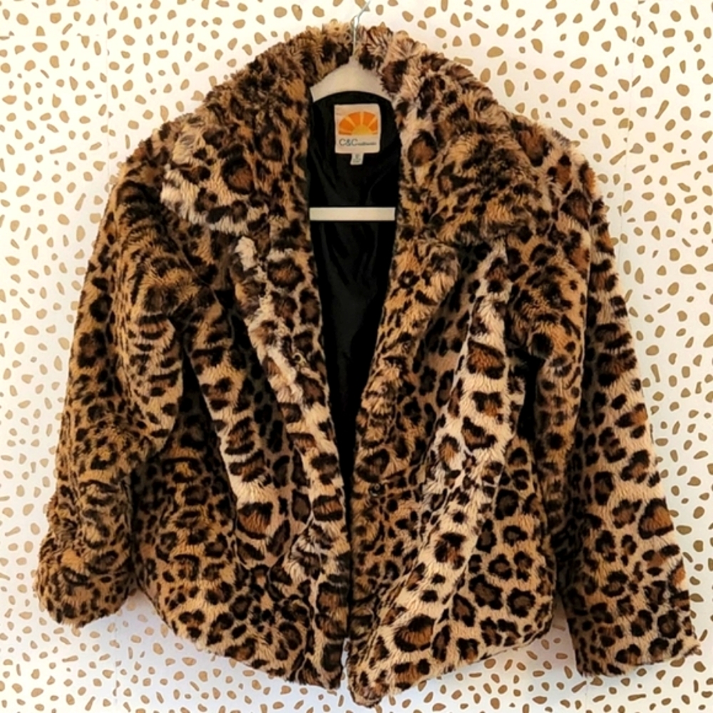 C&C California. Faux Fur Leopard print short coat. Size 12.
